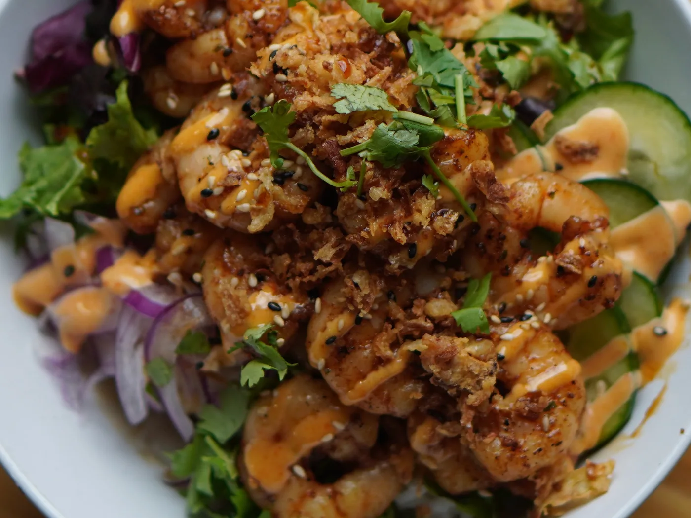 Close-up of garlic butter shrimp with spicy mayo, cilantro and shaved onion