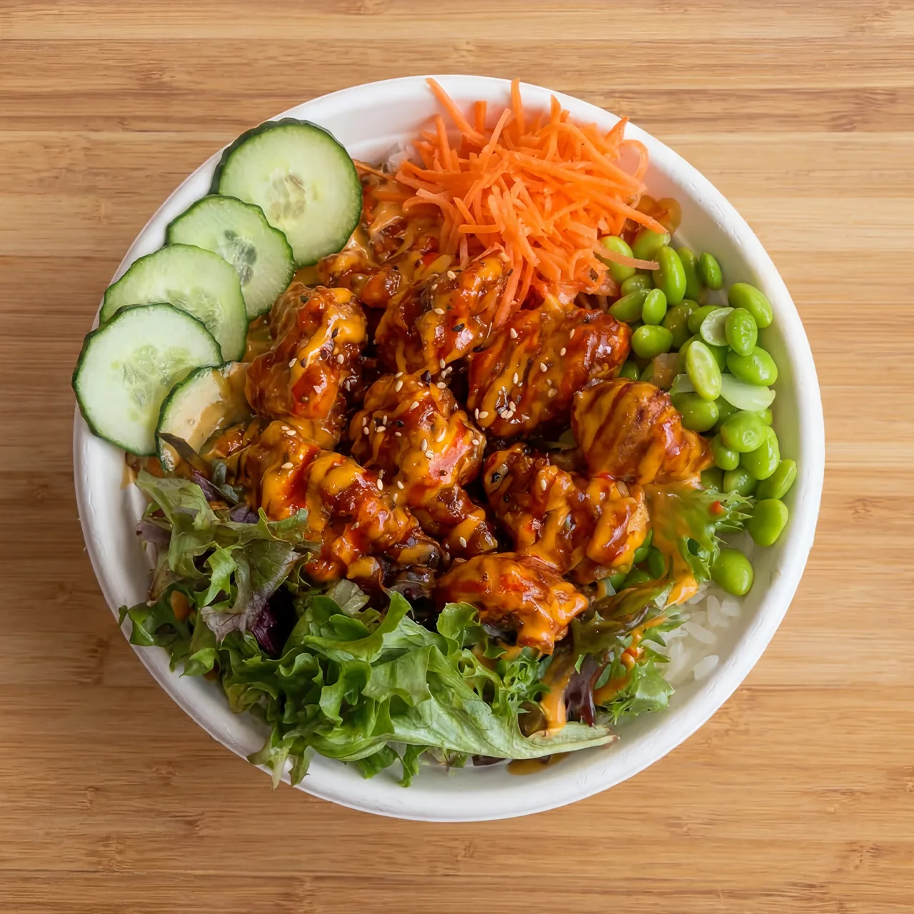 A crispy chicken bowl glazed in sauce with cucumber, carrots, edamame and mixed greens